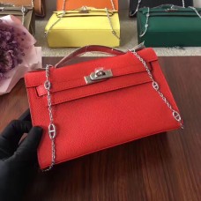 Hermes Mini Kelly 22cm Epsom Cuero Rojo Plata Con Correa De Cadena