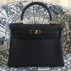 Hermes Kelly 28cm Bolso Togo Cuero Negro Oro