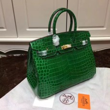 Hermes Birkin 35cm bolso de cuero de cocodrilo verde oro