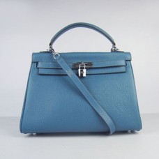 Hermes Kelly 32cm Togo Bolso de cuero azul/plata