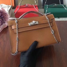 Hermes Mini Kelly 22cm Epsom Cuero Camel Plata Con Correa De Cadena