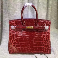 Hermes Birkin 35cm Bolso Cocodrilo Cuero Rojo Oscuro Oro