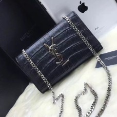YSL Monogram Chain Bag 22cm Croco Negro Plata