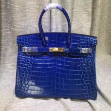 Hermes Birkin 35cm Bolso Cocodrilo Cuero Azul Eléctrico Oro