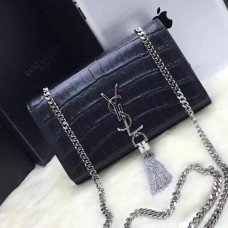 YSL Tassel Chain Bag 22cm Croco Negro Plata