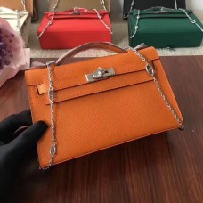 Hermes Mini Kelly 22cm Epsom Cuero Naranja Plata Con Correa De Cadena