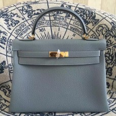 Hermes Kelly 28cm Bolso Togo Cuero Azul Lin Oro