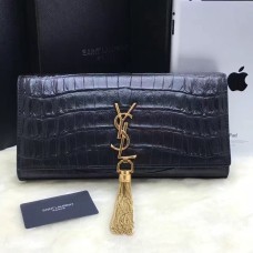 YSL Tassel Clutch 27cm Croco Cuero Negro Oro