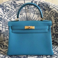 Hermes Kelly 28cm Bolso Togo Cuero Azul Oro