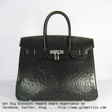 Hermes Birkin 35cm Venas de avestruz Bolsos negro plata