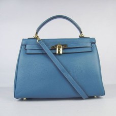 Hermes Kelly 32cm Togo Bolso de cuero azul/dorado
