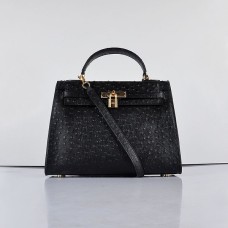 Hermes Kelly 32cm Vena de avestruz 6108 Negro Dorado