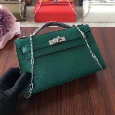 Hermes Mini Kelly 22cm Epsom Cuero Verde Plata Con Correa De Cadena