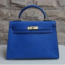 Hermes Kelly 32cm vena de avestruz bolso azul dorado