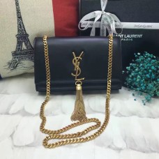 YSL Tassel Chain Bag 22cm Cuero Liso Negro Dorado