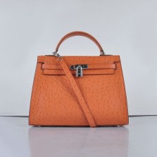 Hermes Kelly 32cm Vena de avestruz 6108 Naranja Plata