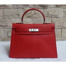 Hermes Kelly 32cm Bolso de cuero Epsom Rojo Plata