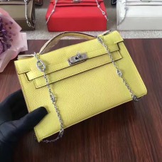 Hermes Mini Kelly 22cm Epsom Cuero Amarillo Plata Con Correa De Cadena