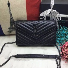 YSL Bolso Sobre Caviar Cuero Negro Gunmetal Cadena 23cm