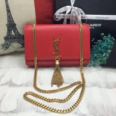 YSL Tassel Chain Bag 22cm Cuero Liso Oro Rojo