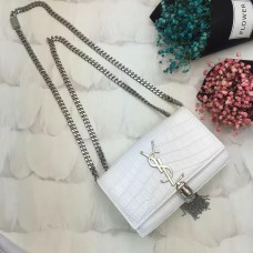 YSL Tassel Chain Bag 17cm Croco Blanco Plata