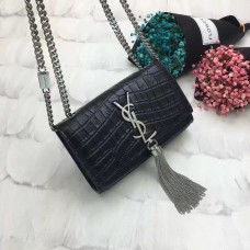 YSL Tassel Chain Bag 17cm Croco Negro Plata
